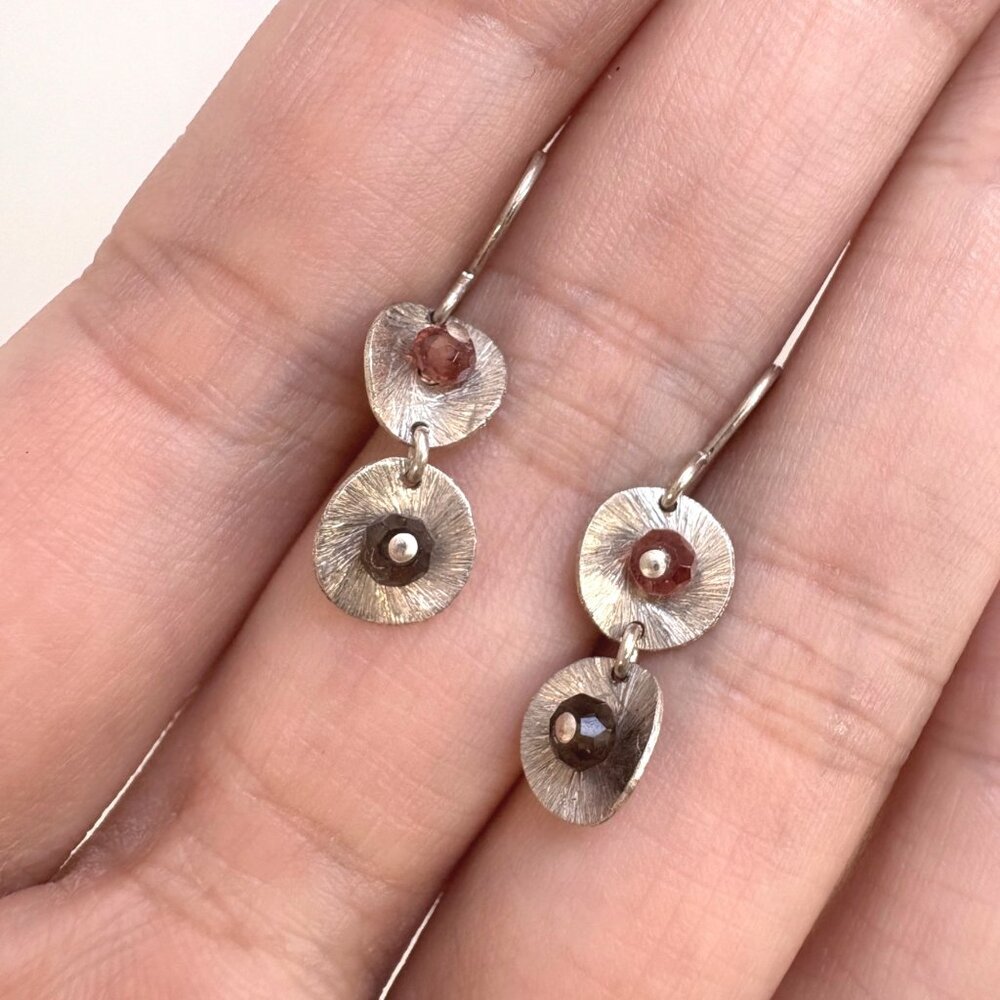 Sterling Silver 925 Red & Black Crystal Double Circle Dangle Earrings 1" Length